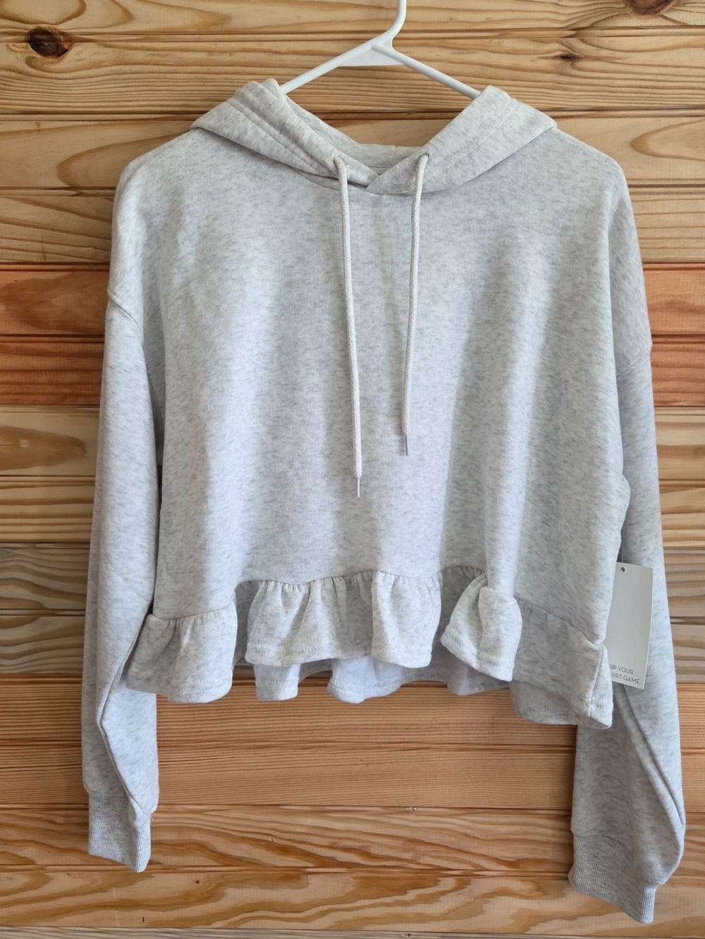 Women's Light Gray Ruffle-Hem Pullover Hoodie